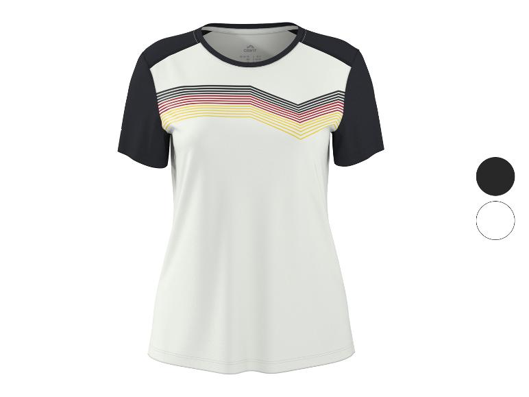 Weißes Damen-Sport-T-Shirt mit schwarzen Ärmeln und einem schwarz, rot und gelb gestreiften Muster.