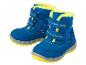 Blaue Kinder-Winterstiefel mit gelben Details und Klettverschluss.