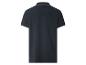 Dunkelblaues Herren-Poloshirt mit gestreiftem Kragen und Ärmelbündchen, Rückansicht.