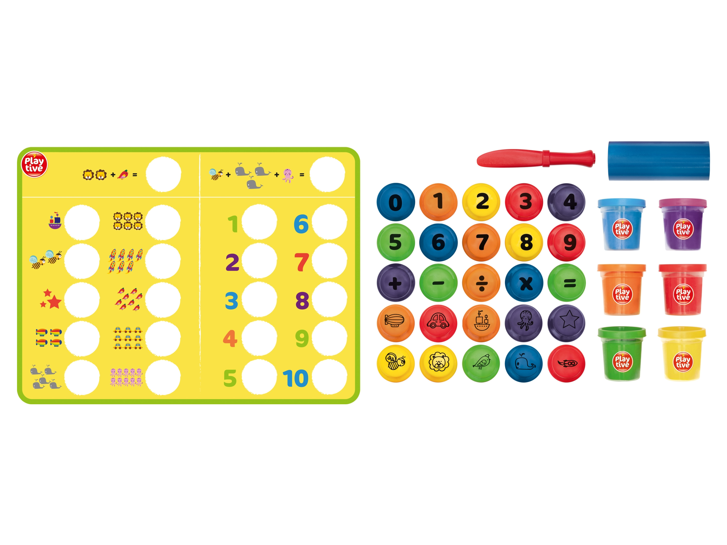 Playtive Knete Lernspiele (Rechnen)““ | Blau, Orange, Lila Umfangreiches Zubehör: 26 Knetstempel mit Buchstaben von A-Z, 1 doppelseitige Knetunterlage, 1 Knetrolle, 1 Modelliermesser 35-teilig Knet-Set Zahlen: Fördert Kreativität und Feinmotorik Bunter Knetspaß für Groß und Klein In den Farben: Rot, Gelb, Grün