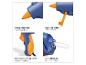 Eine blau-orange Heißklebepistole mit Funktionen wie niedriger Temperatur, klappbarem Standfuß, ergonomischem Softgrip und 7 mm Klebesticks.