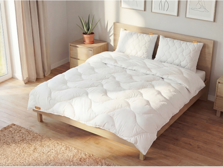 Schlafzimmer mit weißer Bettdecke und Kissen, Holzbett und Nachttisch mit Pflanze.