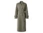 Langer khakifarbener zweireihiger Trenchcoat mit Bindegürtel.