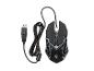 Schwarze kabelgebundene Gaming-Maus mit USB-Anschluss und geflochtenem Kabel.