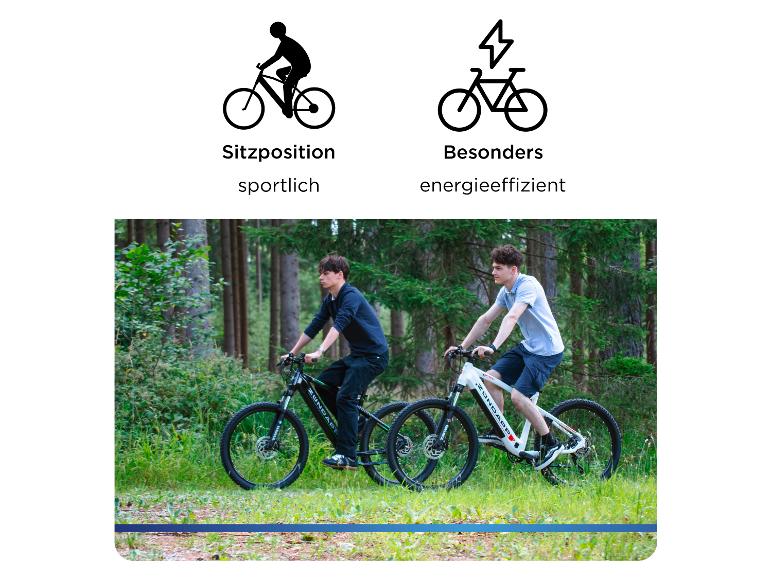 Zwei Männer auf E-Mountainbikes, mit Symbolen für sportliche Sitzposition und Energieeffizienz.