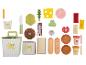 Spielzeug-Fast-Food-Set mit Burger-Zutaten, Pommes, Getränken und Saucen.