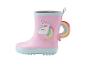 Rosa Kindergummistiefel mit Einhorn-Design und Regenbogen-Griff.