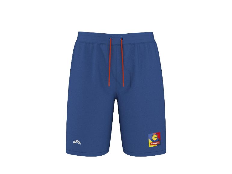 Marineblaue Sporthose mit orangefarbenem Kordelzug und farbigem Logo am Bein.