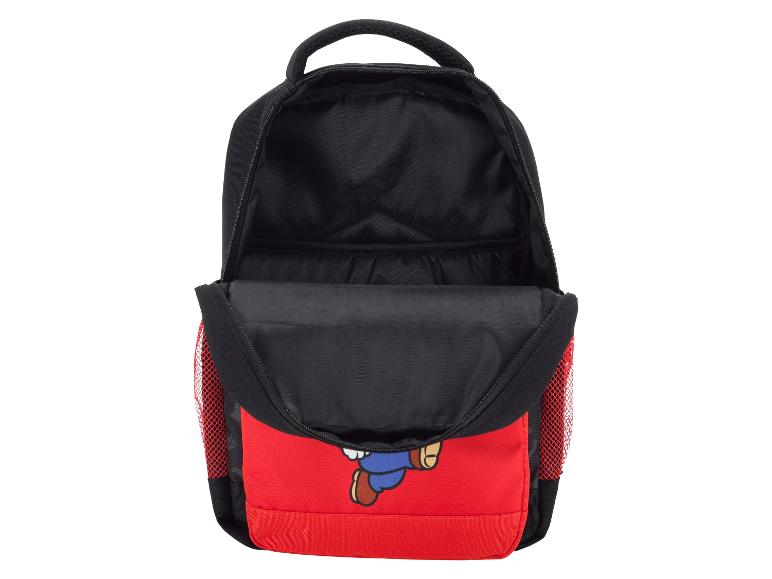 Offener schwarz-roter Rucksack mit Super Mario-Aufdruck.
