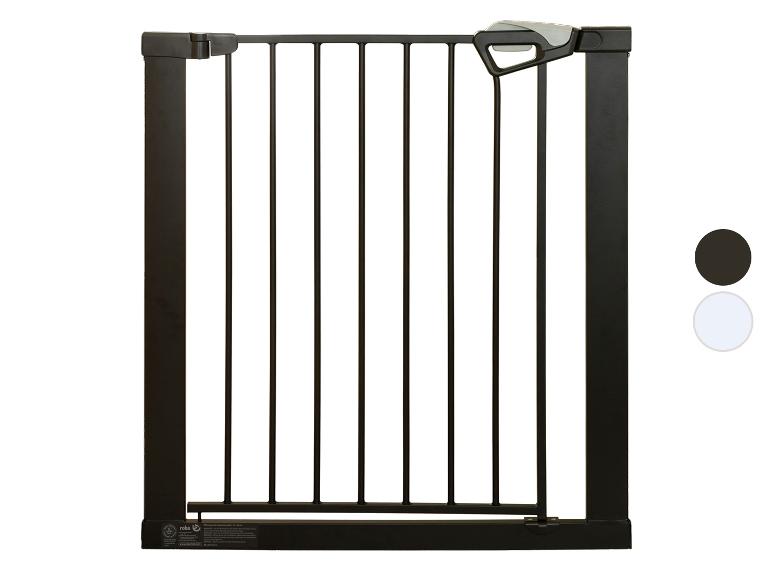 Schwarzes Metall-Kinderschutzgitter mit grauen Griffen, mit schwarzen und weißen Farboptionen.