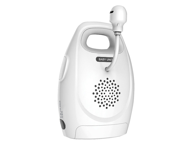 Ein weißes Babyphone mit Kamera und Lautsprecher.