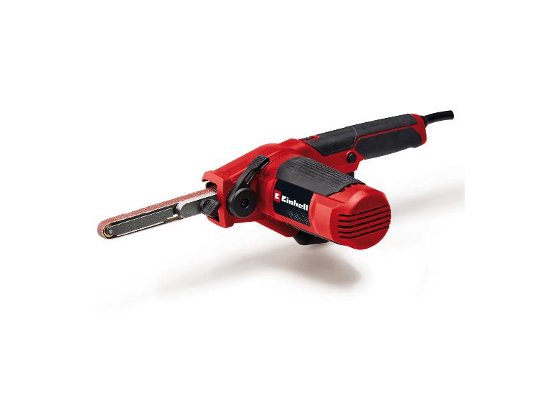 Roter Bandschleifer mit schwarzen Details und Schleifband.