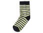 Eine schwarz, weiß und lindgrün gestreifte Socke.