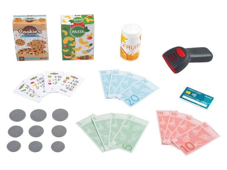 Spielzeug-Zubehör für die Smoby Kinderkasse mit Lebensmittelboxen, Münzen und Geldscheinen.