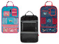 Drei Autositz-Organizer mit Taschen und kindlichen Designs.