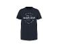 Dunkelblaues T-Shirt mit weißem Aufdruck 'ON THE COAST SINCE 1973 Beach Club CALIFORNIA DINE. SOCIAL. RELAX.'