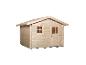 Helles Gartenhaus aus Holz mit Fenster und Tür, auf weißem Hintergrund.