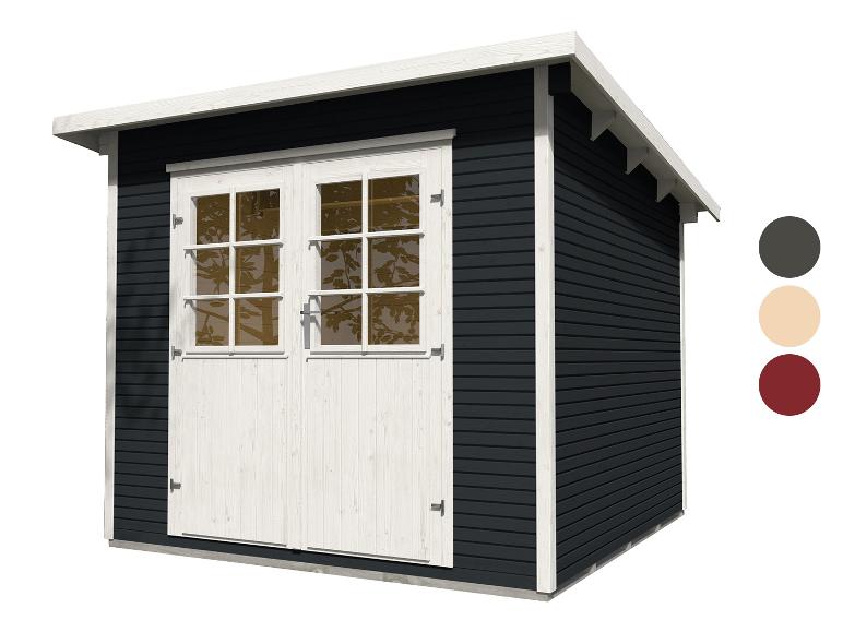 Schwarzes Gartenhaus mit weißen Türen und Fenstern, mit Farbmustern.