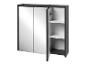 Grauer wandmontierter Badezimmerschrank mit zwei Spiegeltüren und Innenregalen.