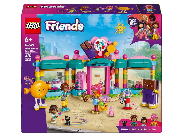 LEGO Friends Heartlake City Sweet Shop Set mit 376 Teilen, das einen Süßigkeitenladen und Minifiguren zeigt.
