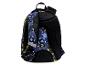 Blauer Rucksack mit Fußballmuster und gelben Akzenten, mit gepolstertem Rücken und Trägern.