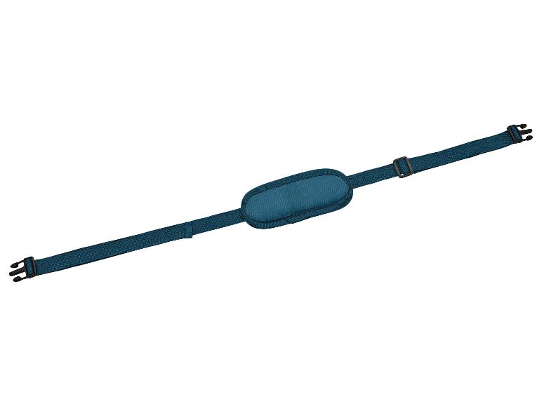 Dunkelblaue Bauchtasche mit schwarzen Schnallen.