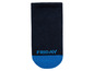 Eine dunkelblaue Socke mit blauem Rand und der Aufschrift 'FRIDAY'.