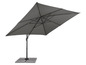 Ein grauer Sonnenschirm mit einem quadratischen Fuß.