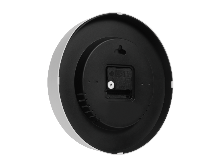 Rückseite einer runden, weiß-schwarzen Wanduhr.