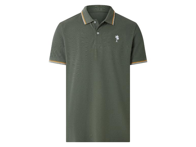 Olivgrünes Poloshirt mit gestreiftem Kragen und Ärmelbündchen, mit weißer Palmenstickerei.