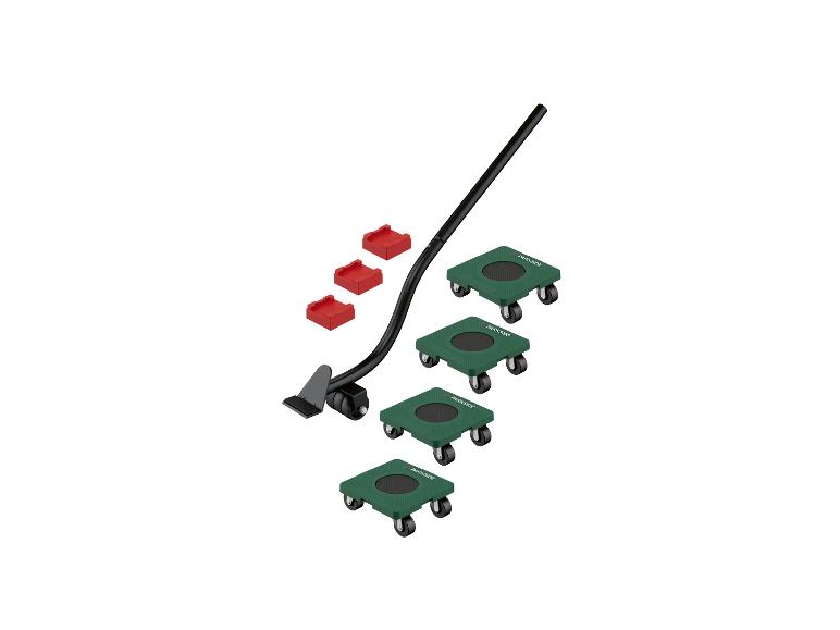 Parkside Möbelroller-Set mit Heber und vier grünen Rollbrettern.