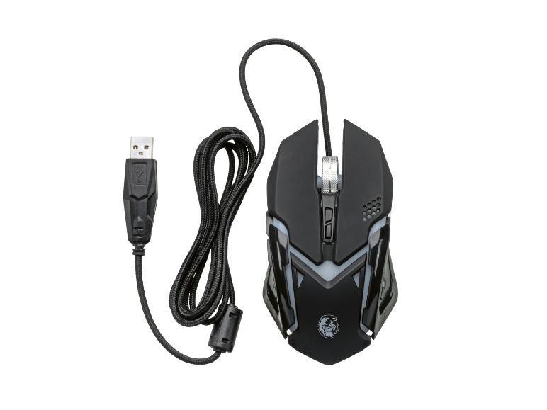 Schwarze kabelgebundene Gaming-Maus mit USB-Anschluss und geflochtenem Kabel.