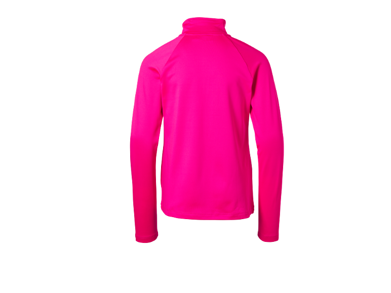 Leuchtend pinkes Sportoberteil mit langen Ärmeln und Stehkragen, Rückansicht.