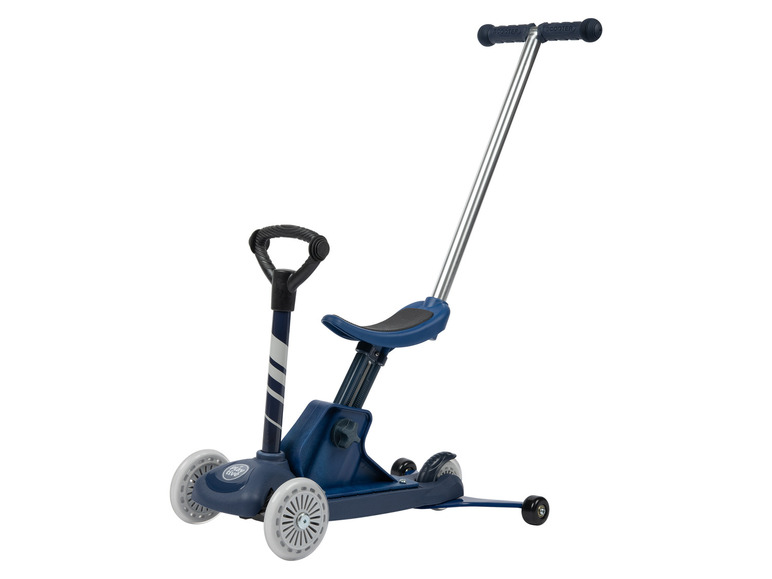 Ein blauer Playtive 3-in-1-Roller, der als Roller, Laufrad und Schiebewagen verwendet werden kann.