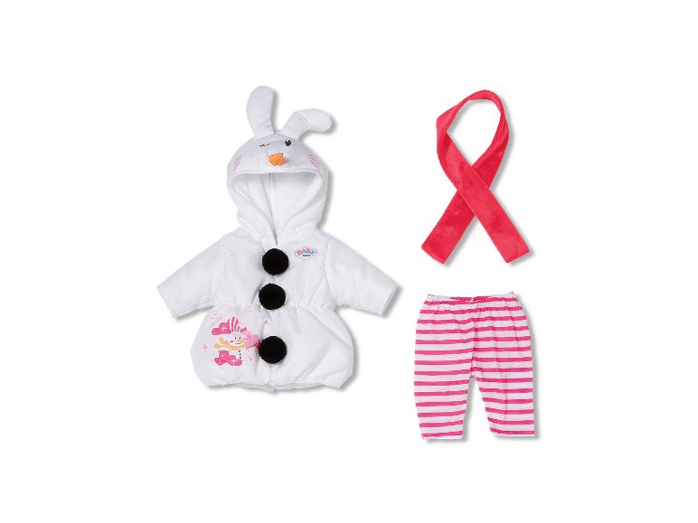 BABY born Puppenkleidungsset mit Schneemann-Hasenjacke, rosa gestreiften Hosen und rotem Schal.