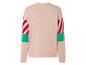 Ein rosa Pullover mit roten und grünen Streifen an den Ärmeln.