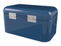 Eine blaue Brotbox mit Metallscharnieren.