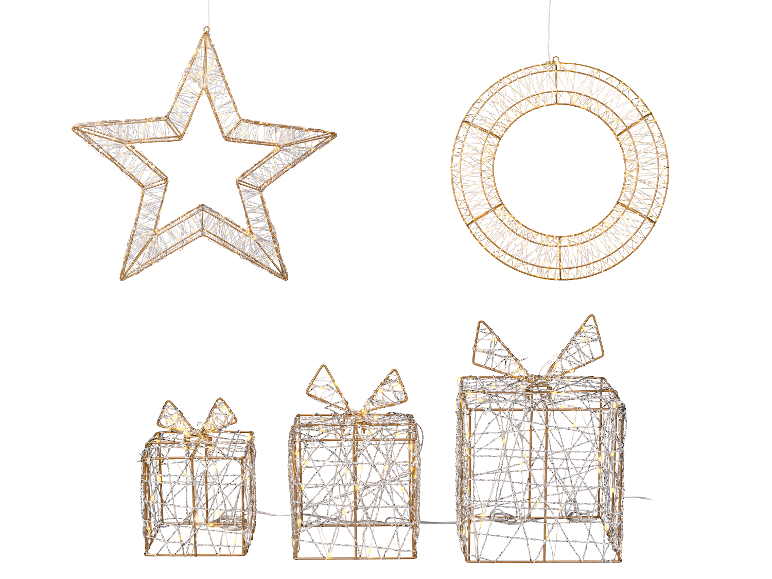 Leuchtende Weihnachtsdekorationen in Stern-, Kranz- und Geschenkform.