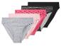 Fünf Damenunterhosen in verschiedenen Farben und Mustern, darunter Grau, Pink und Schwarz.