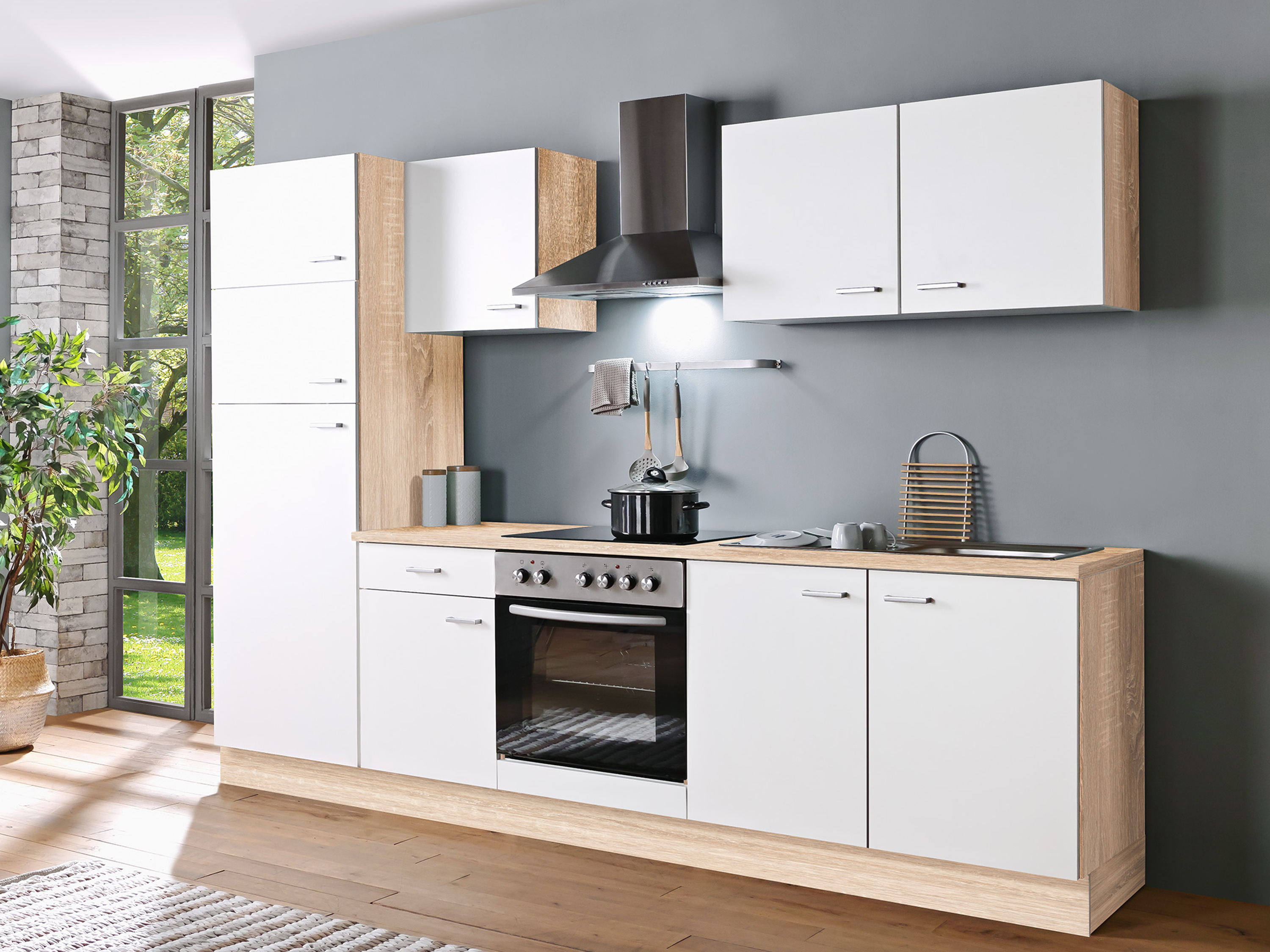 Menke Küchenblock Classic 1 (ohne Geschirrspüler, 270 cm, Weiß, frei Verwendungsstelle)““ | Einbauherd-Set, Dunstabzugshaube, optional mit Geschirrspüler Türen: 9 Türen Schublade: 1 270 cm, ohne Geschirrspüler Einbau-Kühlgefrierkombination Gk225.4A+Ebn Technische Daten: Geräteart: Einbau-Kühlgefrierkombination Kategorie des Haushaltskühlgerätemodells: 7 – Kühl-Gefriergerät Klimaklasse: ST (Umgebungstemperatur 16-38 °C) Energieeffizienzklasse A (höchste Effizienz) bis G (geringste Effizienz) nach neuer EU Norm: F Jährlicher Energieverbrauch: 219 kWh/Jahr Nutzinhalt Gesamt: 205 Liter Nutzinhalt Kühlen: 169 Liter Nutzinhalt Gefrieren: 36 Liter Sterne Kennzeichnung: 4 Sterne Gefriervermögen in 24 Stunden: 2,00 Kg Max. Lagerzeit bei Störungen: 18,00 Stunden Geräuschemission: 39 dB(A) re 1 pW Luftschallemissionsklasse: C Kühlmittel: R600a Kühlmittelmenge: 49 Gramm Angabe zum Gerät: Einbau Ausstattung: Regelbares Thermostat: ja Kompressor: 1 Wechselbarer Türanschlag: ja Schleppscharniere: ja Abtauverfahren Kühlen: automatisch Abtauverfahren Gefrieren: manuell Beleuchtung im Kühlraum: LED Glasablagen Kühlraum: 3 Gemüseschublade mit bruchsicherer Glasabdeckung: 1 Türablagen: 4 Eierablagen: 2 Ablage im Gefrierteil: 1 Drahtablage Einbauherd-Set Bic3-I GK Ix-2 Technische Daten: Geräteart: Einbauherdset Bedienpanel: Edelstahlblende Energieeffizienzklasse A+++ (höchste Effizienz) bis D (geringste Effizienz): A Energieeffizienzindex: 94,9 Energieverbrauch (konventionell): 0,76 kW/h Anzahl Wärmequellen pro Garraum: 1 (Elektro) Nutzbares Volumen des Garraums: 59 Liter Größe des Gerätes mittel: 35 l Restwärmeanzeige: ja Funktionen Backofen: Oberhitze, Unterhitze, Ober- und Unterhitze Geräuschemission: Material Kochfeld: Glaskeramik Anzahl Kochfelder: 4 Durchmesser Kochfeld vorne links: 18,00 cm Durchmesser Kochfeld hinten links: 14,00 cm Durchmesser Kochfeld hinten rechts: 18,00 cm Durchmesser Kochfeld vorne rechts: 14,00 cm Leistung Kochfeld vorne links und hinten rechts: 1800 Watt Leistung Kochfeld orne rechts und hinten links: 1200 Watt Maximale Leistung: 8350 Watt Spannung: 220-240 Volt Frequenz: 50 Hz Ausstattung: Backofentür: schwarzes Glas Backofentür Glasschichten: 2 Vollglasinnentüre: ja Gehäusekühlung: ja Griff und Knöpfe: Aluminium Dunstabzugshaube 6091H Technische Daten: Geräteart: Dunstabzugshaube Material: Edelstahl Einbaubreite: 60 cm Wandmontage: ja Drucktasten: 5 Stück Umluftbetrieb: ja Abluftbetrieb: ja Jährlicher Energieverbrauch (AEChood): 27,70 kWh/Jahr Energieeffizienzklasse A+++ (höchste Effizienz) bis D (geringste Effizienz): B Fluiddynamische Effizienz (FDEhood): 13,60 Fluiddynamische Effizienzklasse: D Beleuchtungseffizienz (LEhood): 34,50 lux/Watt Beleuchtungseffizienzklasse: A Fettabscheidegrad: 70,80 Klasse für den Fettabscheidegrad: D Luftstrom bei minimaler Geschwindigkeit: 222 m³/h Luftstrom bei maximaler Geschwindigkeit: 348 m³/h A-bewertete Luftschallemission bei minimaler Geschwindigkeit: 57 dB/A A-bewertete Luftschallemission bei maximaler Geschwindigkeit: 64 dB/A Leistungsaufnahme im Aus-Zustand (Po): 0,00 Watt Leistungsaufnahme im Bereitschaftszustand (Ps): 0,00 Watt Leistungsaufnahme des Lichtsystems (Wl): 2,00 Watt Anschlusswert: 67,00 Watt Beleuchtungssystem: LED Leistungsaufnahme je Beleuchtungseinheit: 1 x 2,00 Watt Spannung: 220-240 Volt Frequenz: 50 Hz Ausstattung: Fettfilter Menge: 2 x Mf01 Fettfilter Material: Aluminium Fettfilter spülmaschinenfest: ja Teleskopkamin ausziehbar: von bis 40,00-78,00 cm Gesamthöhe durch Teleskopkamin: 96,00 cm Benötigte Menge Kohlefilter mit Modelbezeichnung: 2 x Cf130 Mitgeliefertes Zubehör: Rückschlagklappe