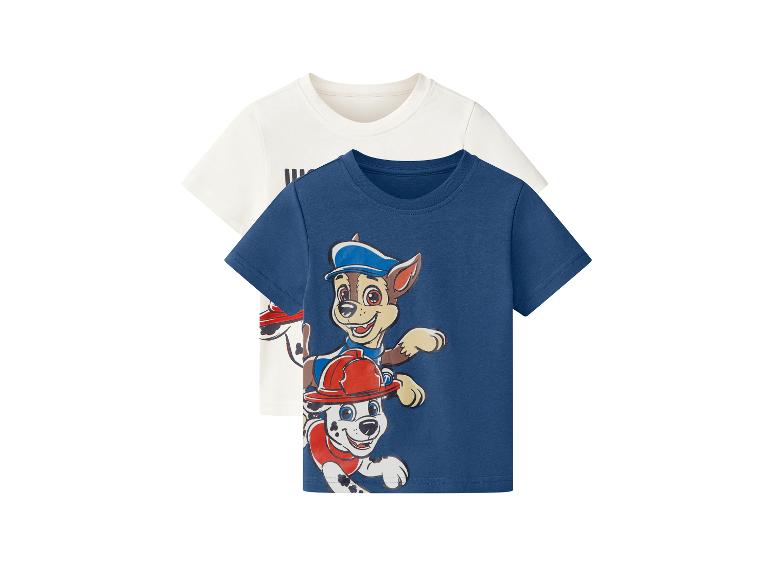 Zwei Kinder-T-Shirts: ein blaues mit Paw Patrol und ein weiß gestreiftes.