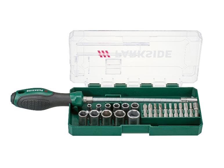 Schraubendreher-Set mit austauschbaren Bits und Steckschlüsseln in einer grünen Box.