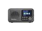 Dunkelgraues tragbares Radio mit Bildschirm, der DAB+, FM und Bluetooth-Optionen anzeigt.