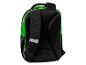Schwarzer und grüner Schulrucksack mit reflektierenden Details und gepolsterten Trägern.