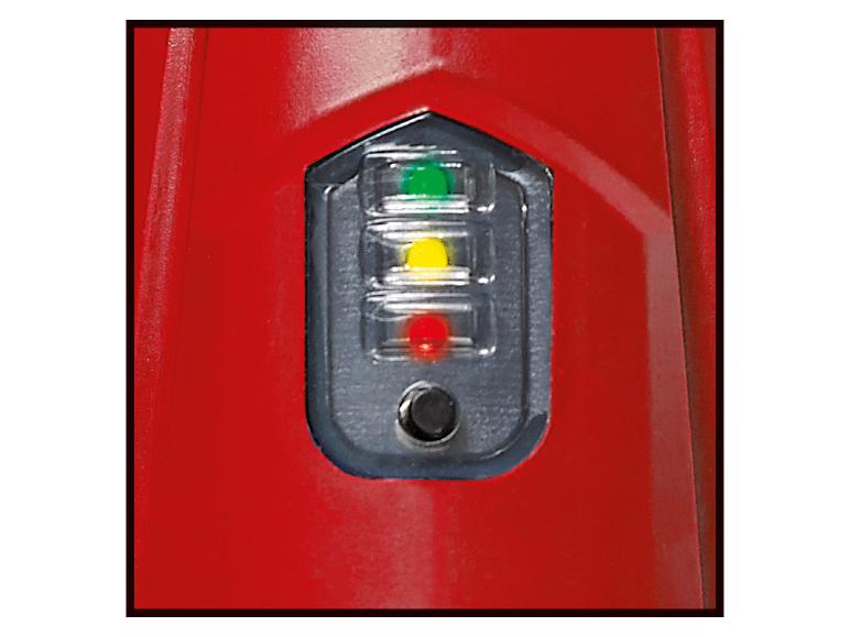 Batteriestatusanzeige mit roten, gelben und grünen Lichtern auf einem roten Gerät.