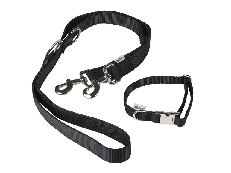 Ein schwarzes Hundehalsband und eine Leine von ZooSafari.