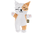 Weiß-orangefarbenes Katzen-Plüschtier mit lächelndem Gesicht und Pfoten mit rosa Ballen.