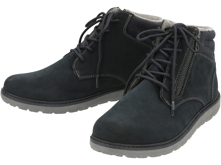 Herren-Winterstiefel aus dunkelblauem Wildleder mit Schnürsenkeln und Reißverschluss.