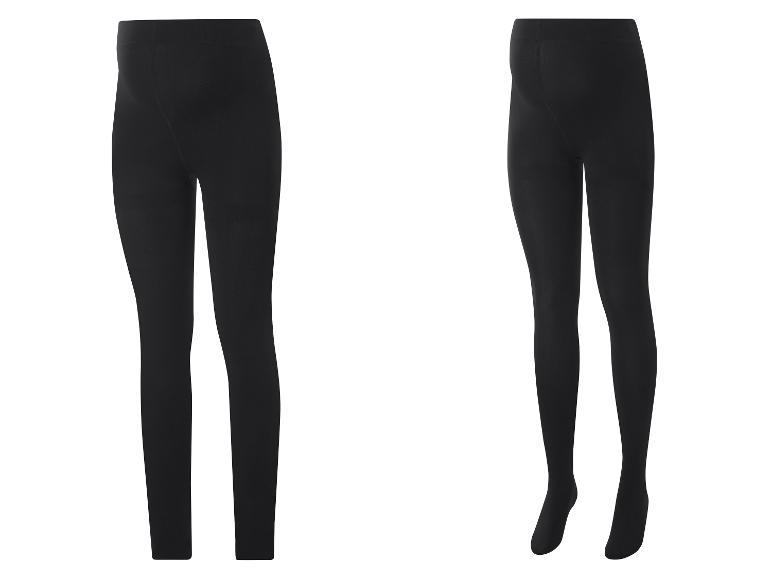 Schwarze Leggings und Strumpfhose, Vorder- und Rückansicht.