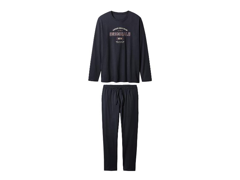 Herren-Zweiteiler-Pyjama in Marineblau mit grafischem Aufdruck auf dem Oberteil.